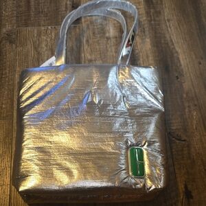Clinique Metallic Silver Puffy Tote with Green Detail